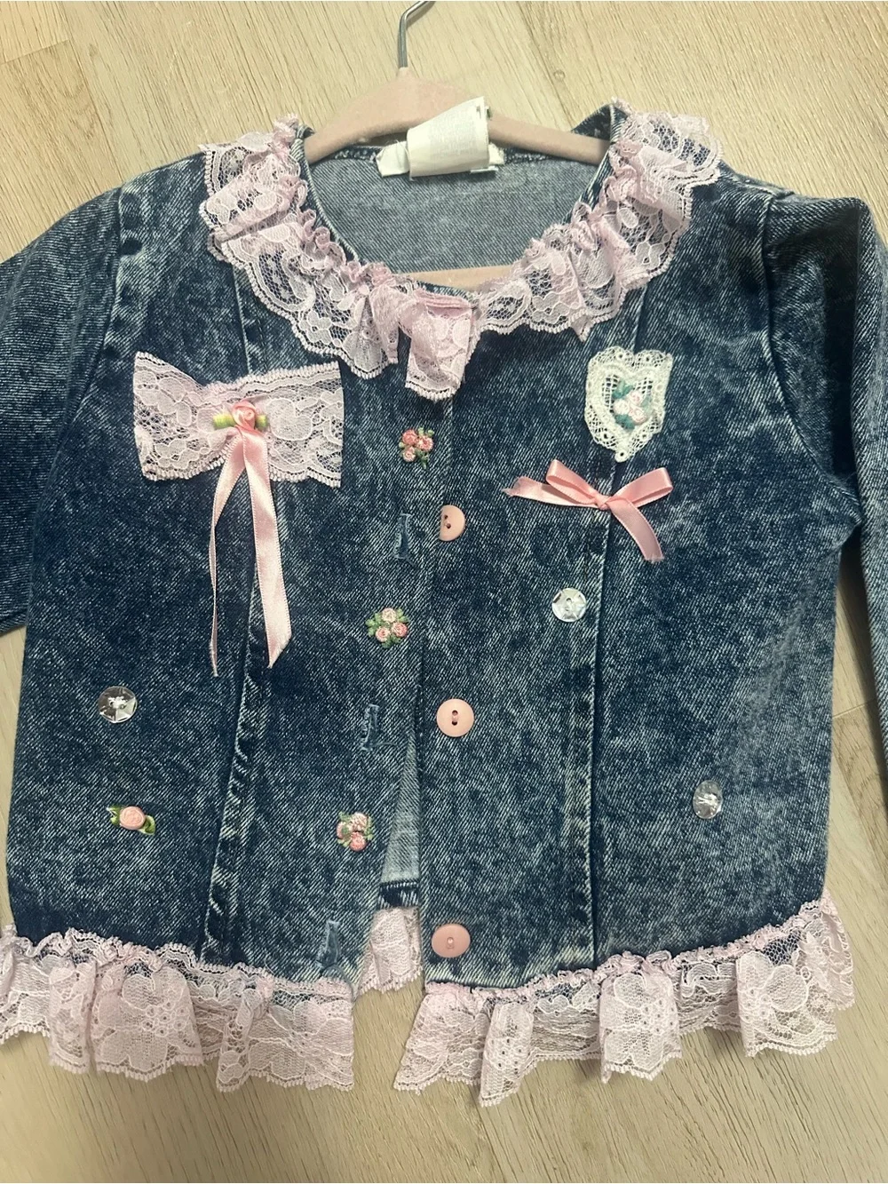 Authentic 90’s Girls Denim-Style Jacket with Pink Lace Trim and bows size 5